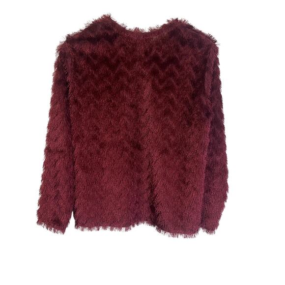 H&M Burgundy Maroon Shaggy Chevron Open Front Karma Jacket Faux Fux Fringe Sz M - Picture 9 of 9